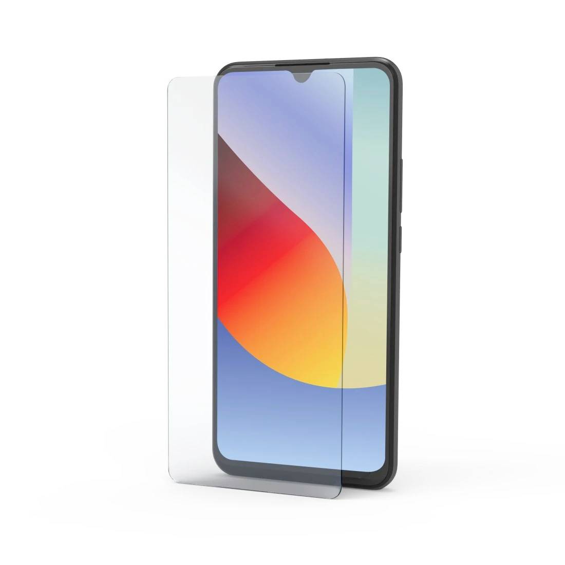 Smartphone avec un protecteur d'écran transparent aligné sur l'affichage, présenté comme une image de produit sur un fond blanc.