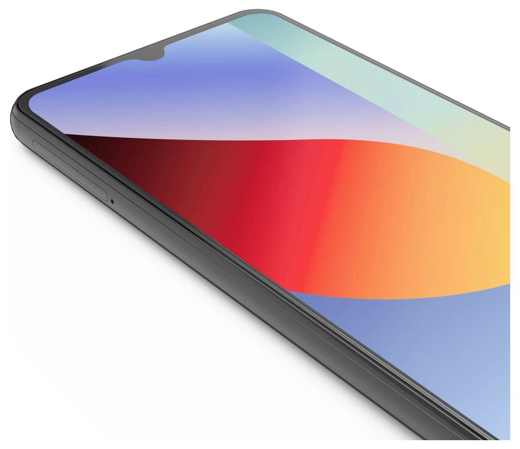 Un élégant smartphone noir présenté en angle avec un écran abstrait coloré et une fine bordure.