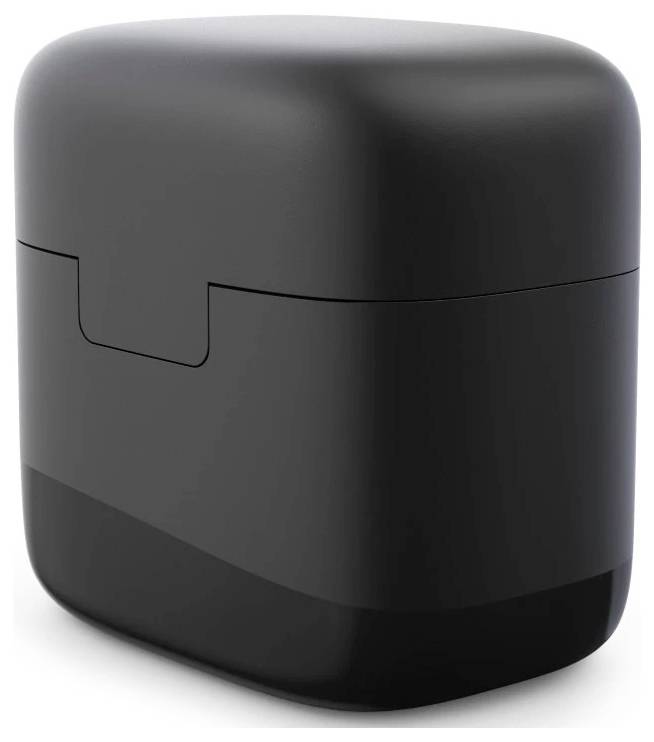 Étui de charge rectangulaire noir brillant aux bords arrondis, présenté sur un fond blanc.