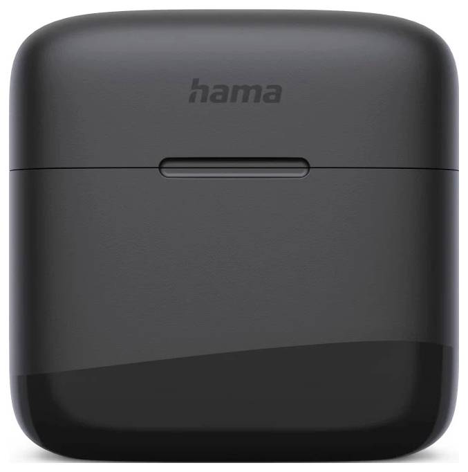 Étui de chargement des écouteurs sans fil Black Hama montré en vue de face sur un fond blanc.