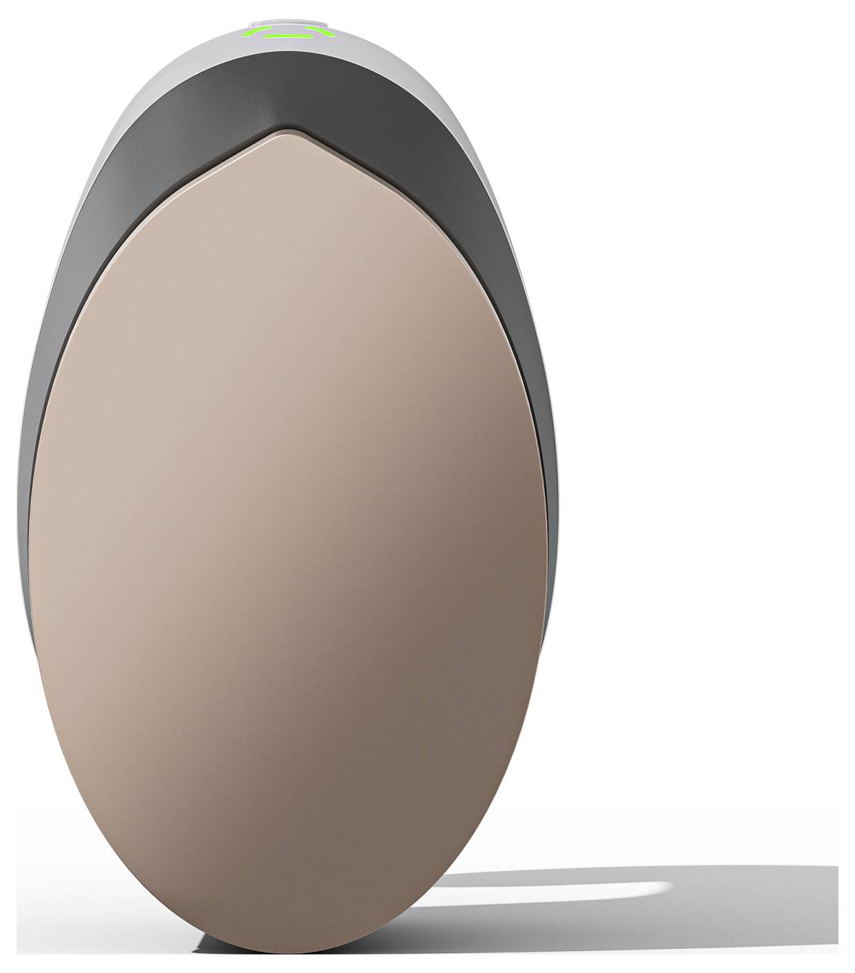 Un rendu 3D d'une roue ovale de couleur marron ou d'un objet en forme de capsule se tenant debout sur une surface blanche avec une ombre.