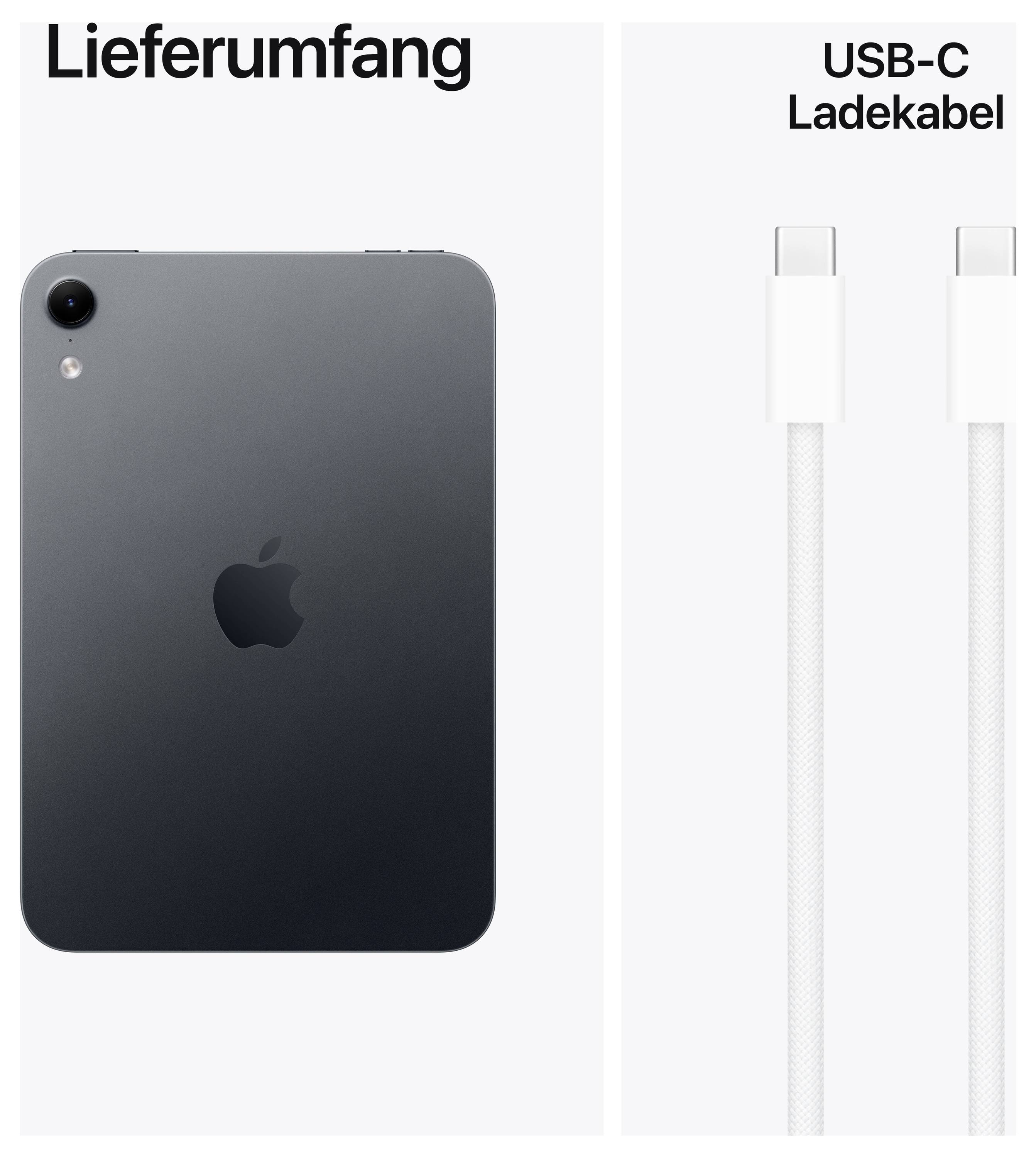 Contenu de la boîte d'un produit Apple : dos d'un iPad gris sidéral et câble de charge USB-C.