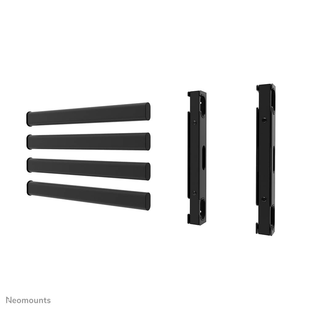 Composants de fixation murale modulaires noirs, présentés séparés en quatre barres horizontales et deux supports verticaux sur fond blanc.