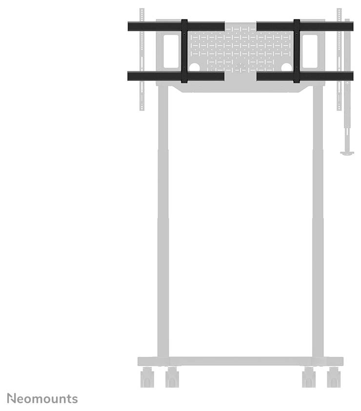 Meuble TV mural avec supports métalliques réglables et deux montants verticaux sur une base à roulettes, vu de face.