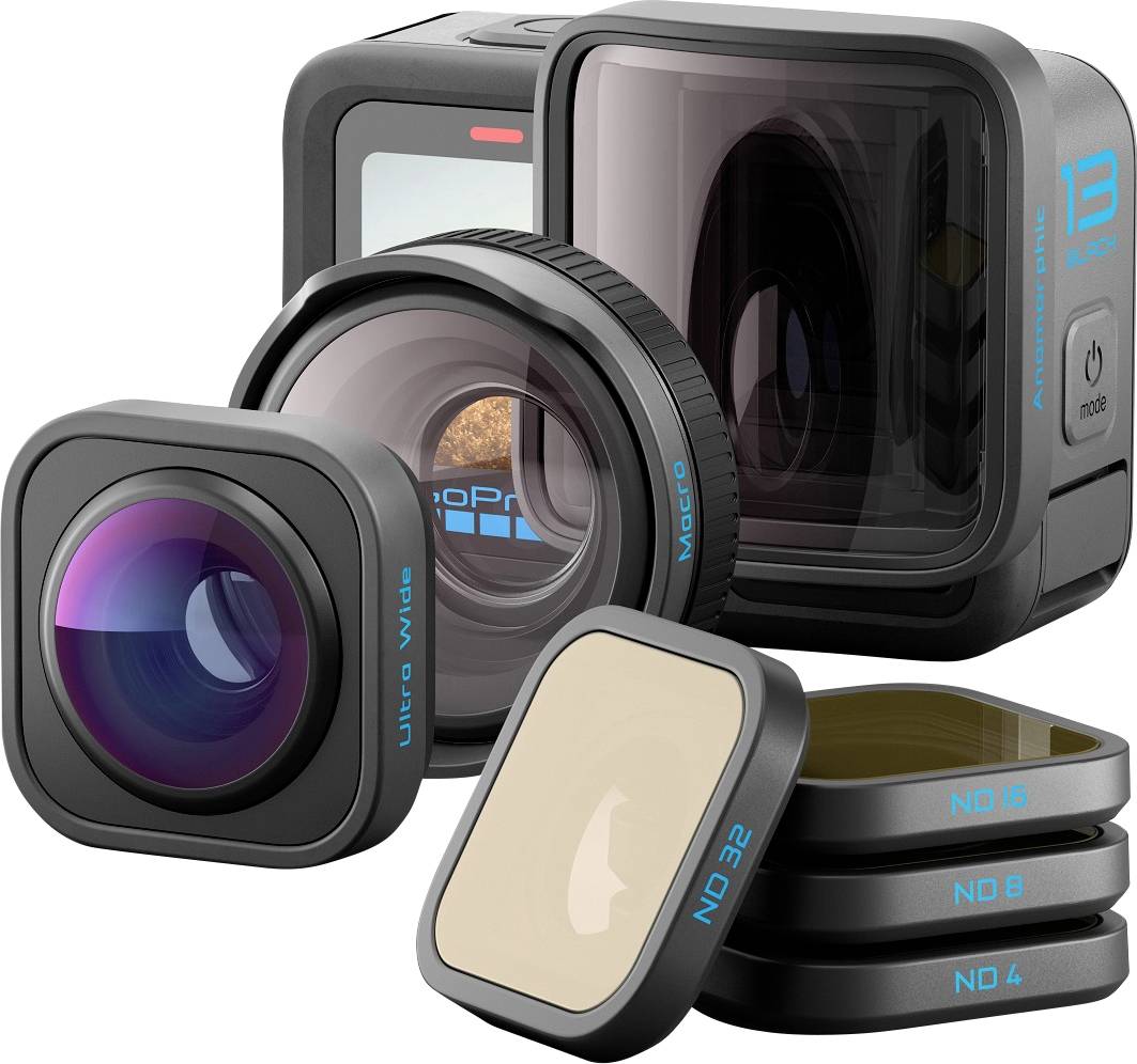 Caméra d'action avec objectifs interchangeables et trois filtres superposés étiquetés ND 4, ND 8 et ND 16.