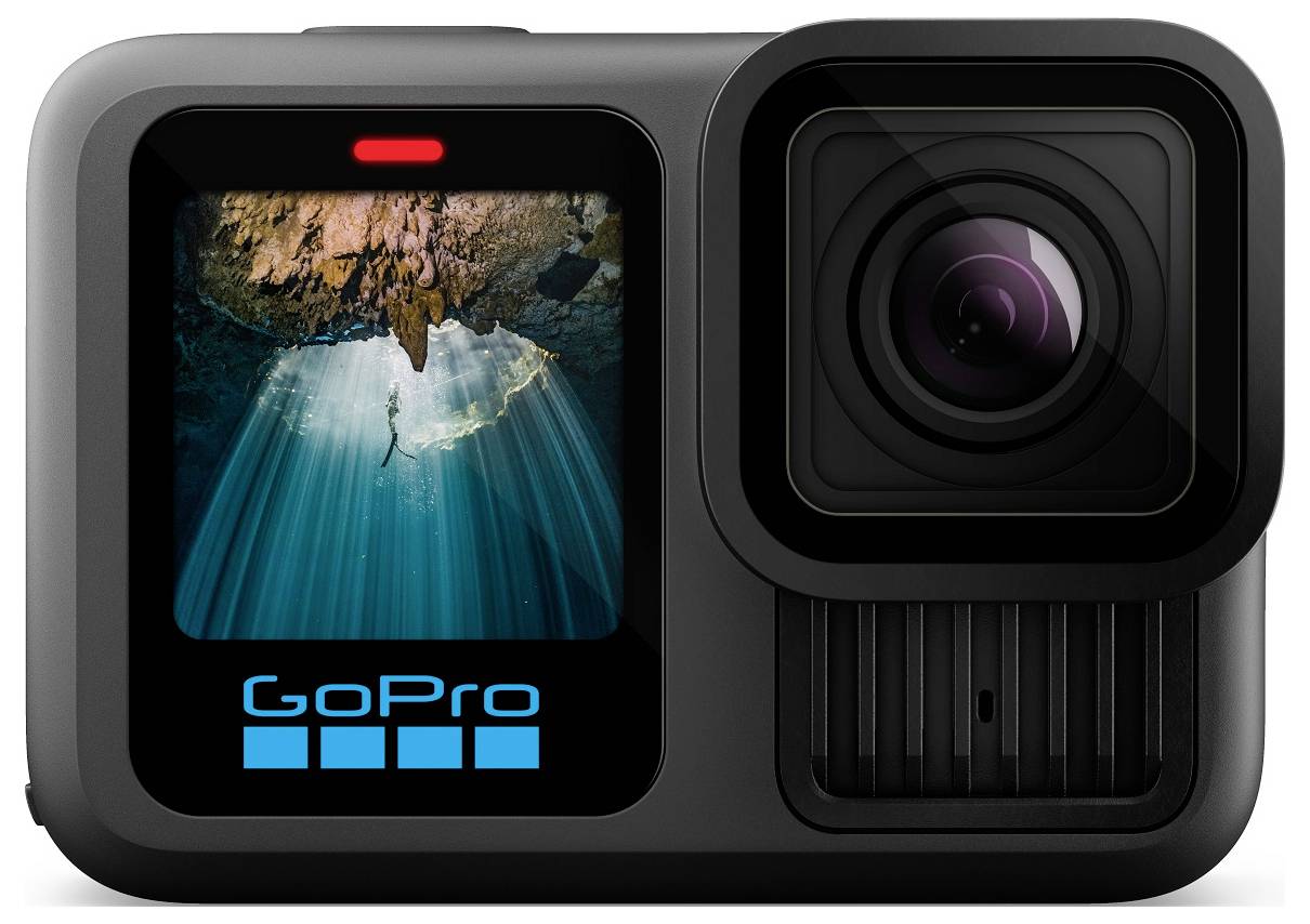 Caméra d'action GoPro vue de face, avec l'objectif à droite et un petit écran à gauche affichant une scène sous-marine et le logo GoPro.