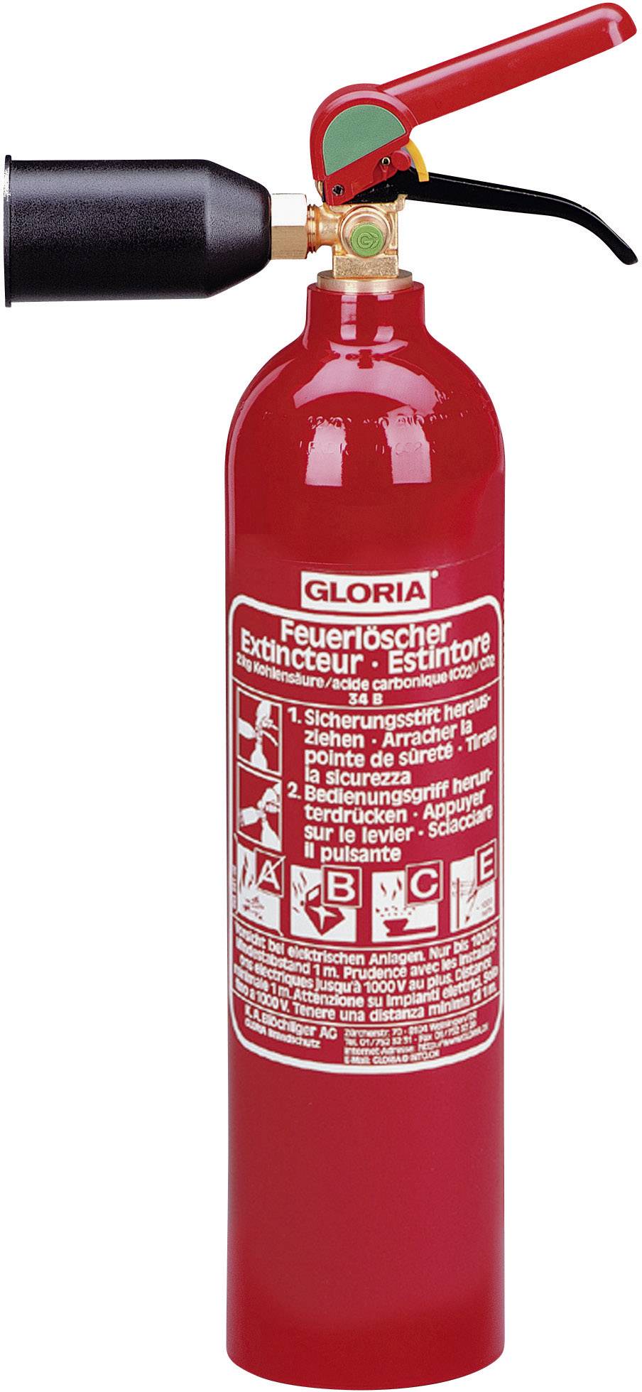 Un extincteur rouge avec des instructions en allemand sur la bonne utilisation pour les incendies de classes A, B et C.