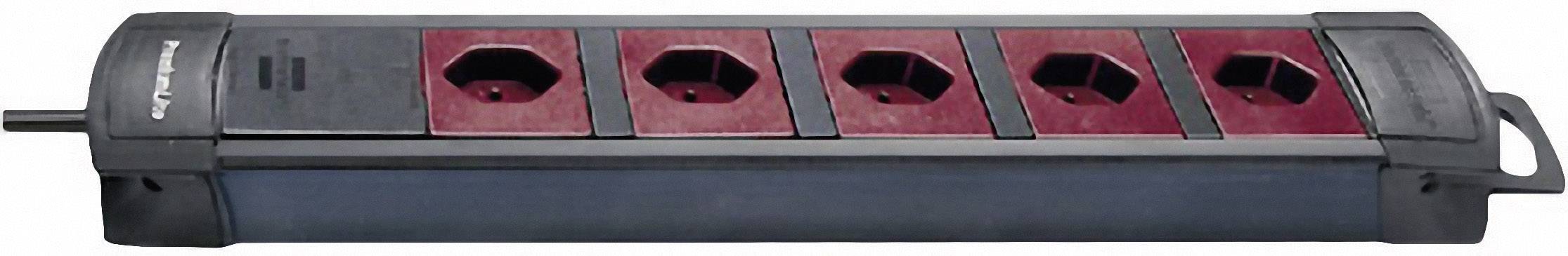 Multiprise à cinq prises avec embases rouges, adaptée pour connecter plusieurs appareils électriques ; équipée d'un interrupteur à bascule.