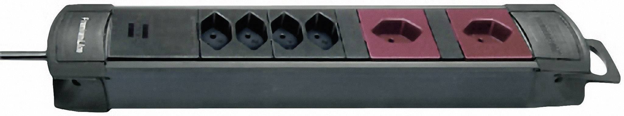 Barrette d'alimentation noire à huit emplacements, dont six en noir et deux en rouge, destinée à la distribution des connexions électriques.