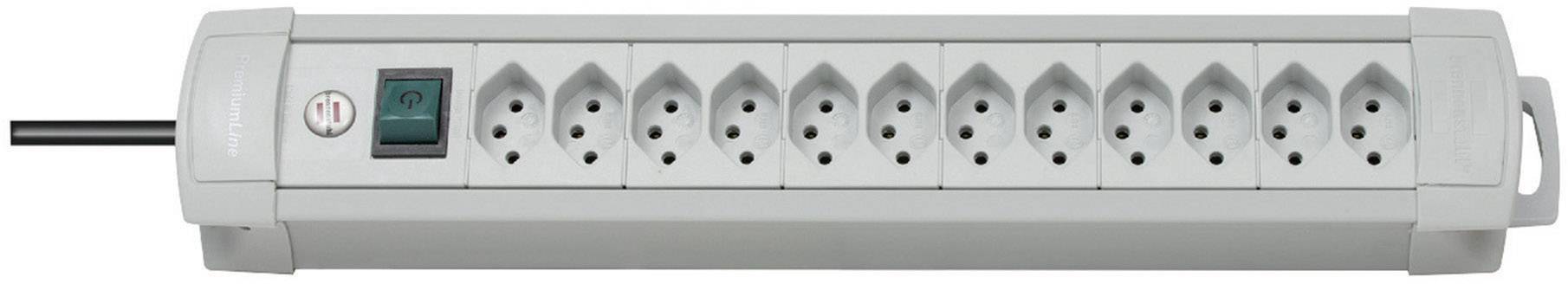 Une barrette multiprises grise avec dix emplacements et un interrupteur marche/arrêt sur le côté gauche.