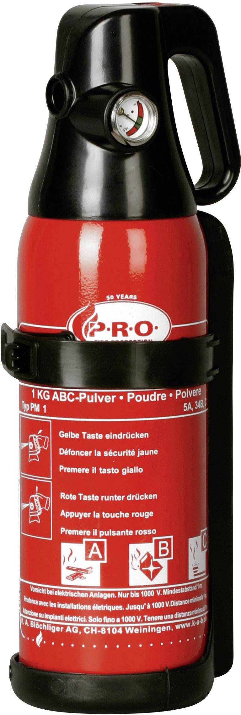 Extincteur d'incendie dans un cylindre rouge avec indicateur de pression et support mural. L'étiquette indique les instructions d'utilisation pour les feux de classes A, B et C.