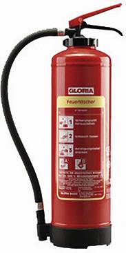 Un extincteur rouge avec un tuyau noir et une étiquette d'instructions. Principalement utilisé pour combattre les incendies en cas d'urgence.