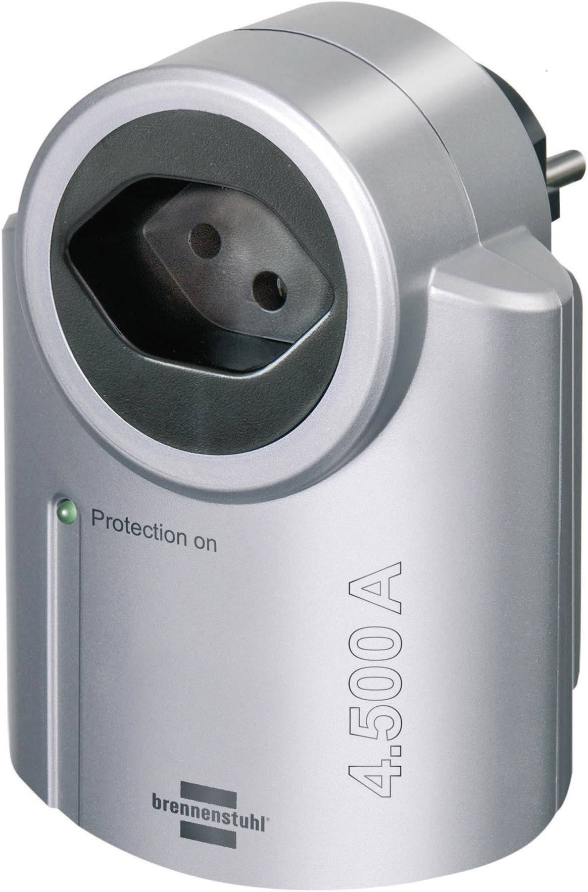 Prise de protection contre les surtensions en argent avec interrupteur. Le texte 'Protection on' indique l'état de protection actif. Capacité maximale de 4 500 A.