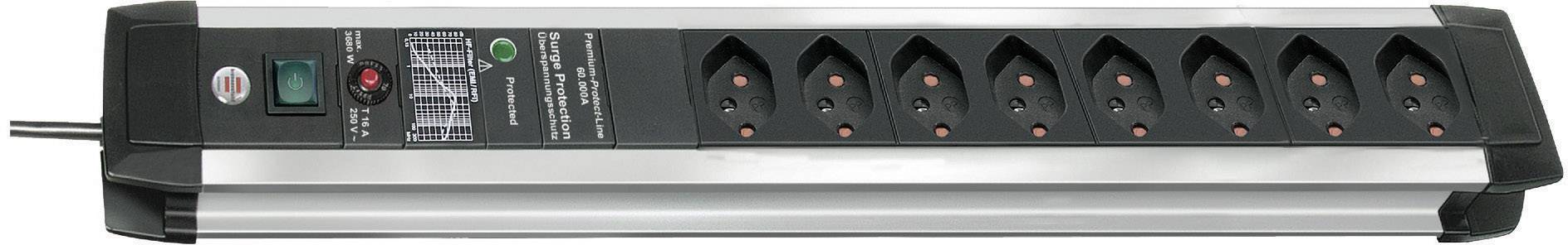 Multiprise avec huit emplacements et interrupteur, adaptée pour connecter plusieurs appareils à une source d'alimentation électrique.