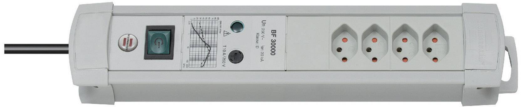 Un bloc multiprises gris avec cinq emplacements et un interrupteur marche/arrêt, adapté à la distribution électrique en intérieur.