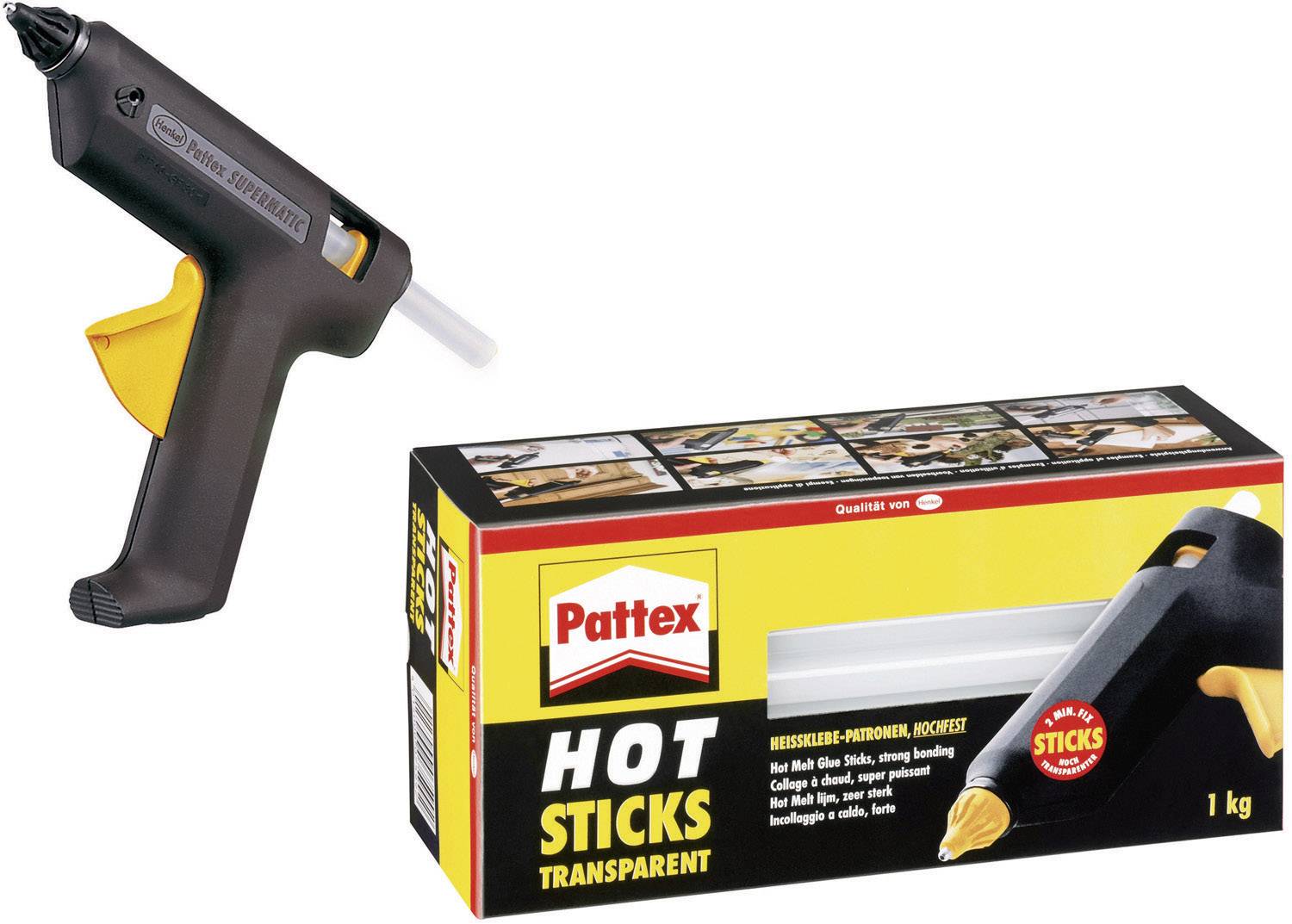 Un pistolet à colle chaude à côté d'un paquet de bâtons de colle Pattex Hot Sticks Transparent. L'emballage indique que les bâtons pèsent 1 kg.
