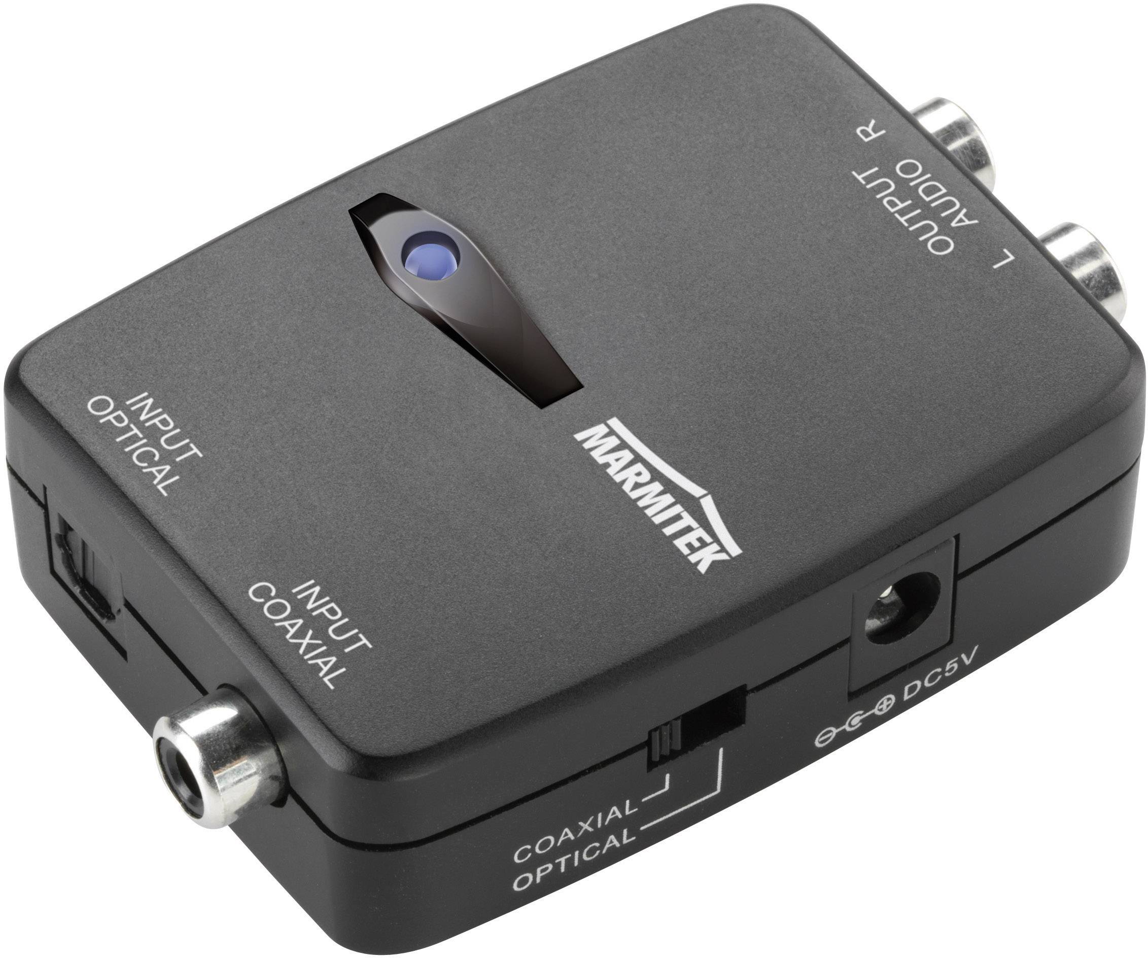 'Convertisseur audio de Marmitek avec entrées pour signaux optique et coaxial et sorties audio gauche et droite.'