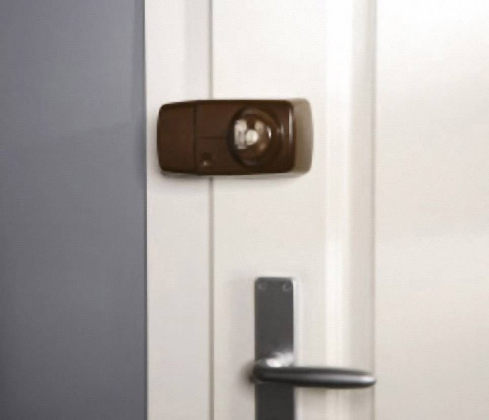 Une porte en bois avec une poignée métallique et une serrure électronique marron. La serrure se trouve au-dessus de la poignée.