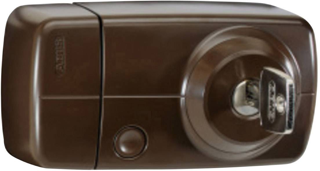 Une serrure de porte brune avec un bouton rotatif et une clé ; elle permet de verrouiller et déverrouiller les portes de manière sécurisée.