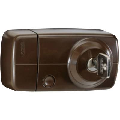Une serrure de porte brune avec un bouton rotatif et une clé ; elle permet de verrouiller et déverrouiller les portes de manière sécurisée.