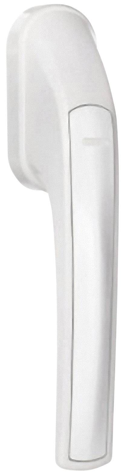 Une poignée de fenêtre blanche en position verticale, de forme typique et de taille standard, adaptée aux fenêtres ou aux portes-fenêtres.