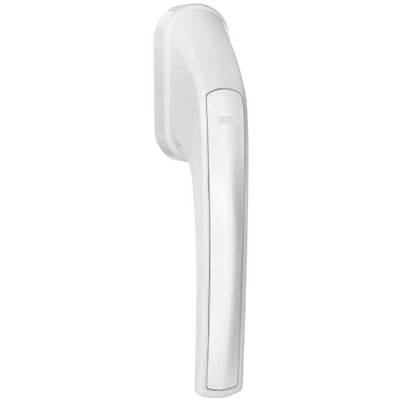 Une poignée de fenêtre blanche en position verticale, de forme typique et de taille standard, adaptée aux fenêtres ou aux portes-fenêtres.