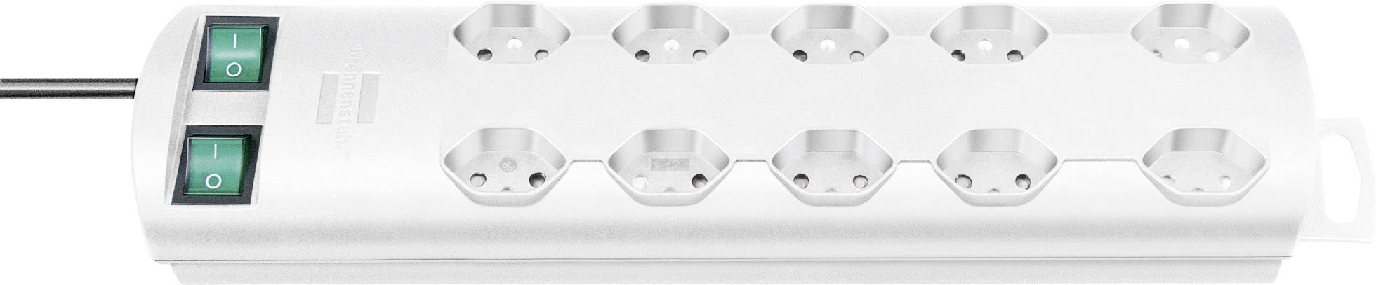 Barrette multiprises blanche à huit emplacements et deux interrupteurs à bascule, adaptée à plusieurs appareils électroniques.