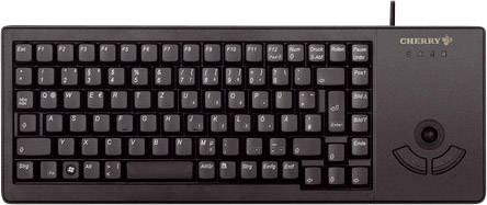 Clavier d'ordinateur noir avec trackball intégré sur le côté droit, touches disposées selon le clavier allemand QWERTZ, marque 'Cherry'.