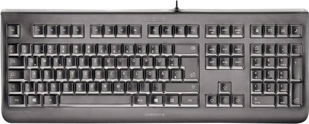 Un clavier d'ordinateur noir avec une disposition QWERTZ, des touches de fonction et un pavé numérique sur le côté droit.