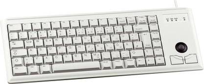 Clavier d'ordinateur blanc avec souris à boule intégrée et pavé numérique. Câble en haut à droite, disposition classique des touches.