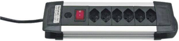 Multiprise 6 prises avec interrupteur marche/arrêt, design noir et argent. Adaptée à la distribution électrique pour plusieurs appareils.