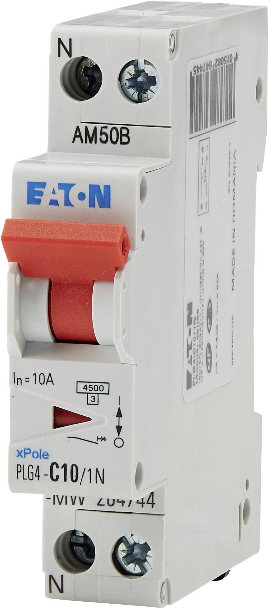 Disjoncteur unipolaire de marque Eaton, avec interrupteur à bascule rouge, intensité nominale de 10A, destiné à la protection des circuits électriques.