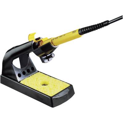 Un fer à souder est posé sur un support noir avec une éponge jaune. Le fer à souder est branché à un câble.