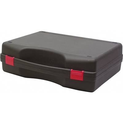 Une valise noire avec des fermoirs rouges, fermée et rectangulaire.