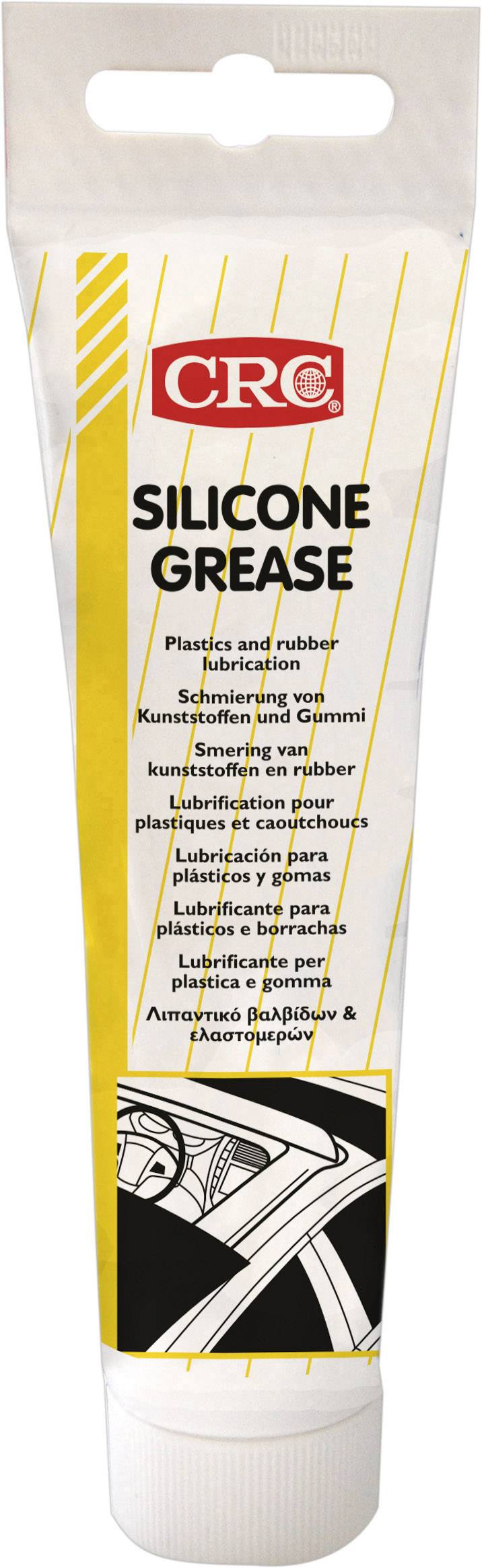 Lubrifiant pour plastique et caoutchouc dans un tube blanc avec une bande jaune, nom de marque 'CRC' en haut, photo d'une voiture en bas.