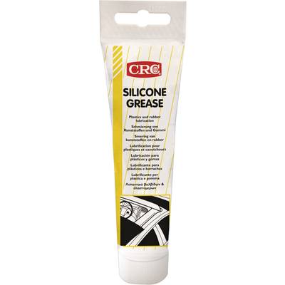 Lubrifiant pour plastique et caoutchouc dans un tube blanc avec une bande jaune, nom de marque 'CRC' en haut, photo d'une voiture en bas.