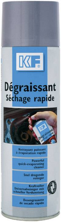 Bombe aérosol KF portant l'inscription 'Dégraissant Séchage rapide'. L'image montre une personne pulvérisant le produit sur une pièce automobile.