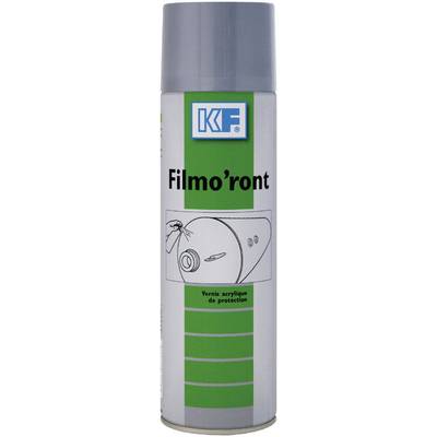 Une bombe aérosol portant les inscriptions 'Filmo'ront' et 'Vernis acrylique de protection', avec un design rayé en gris et vert.