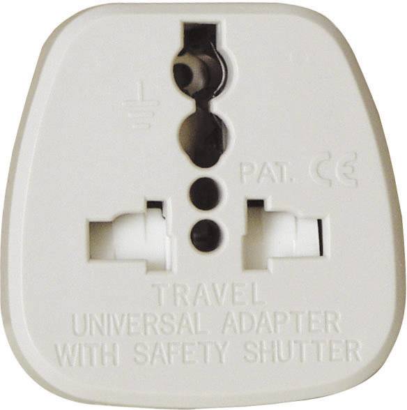 Adaptateur universel avec verrou de sécurité, adapté aux voyages internationaux. Couleur blanche, marquage CE et brevet visibles.