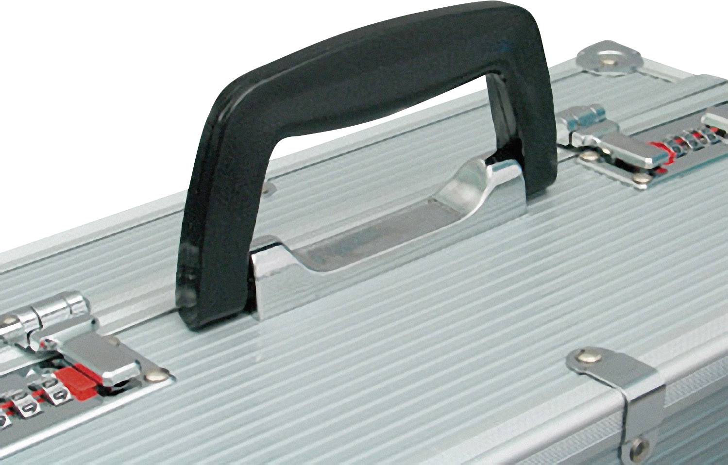 Attaché-case argenté avec une poignée noire, bien fermé.