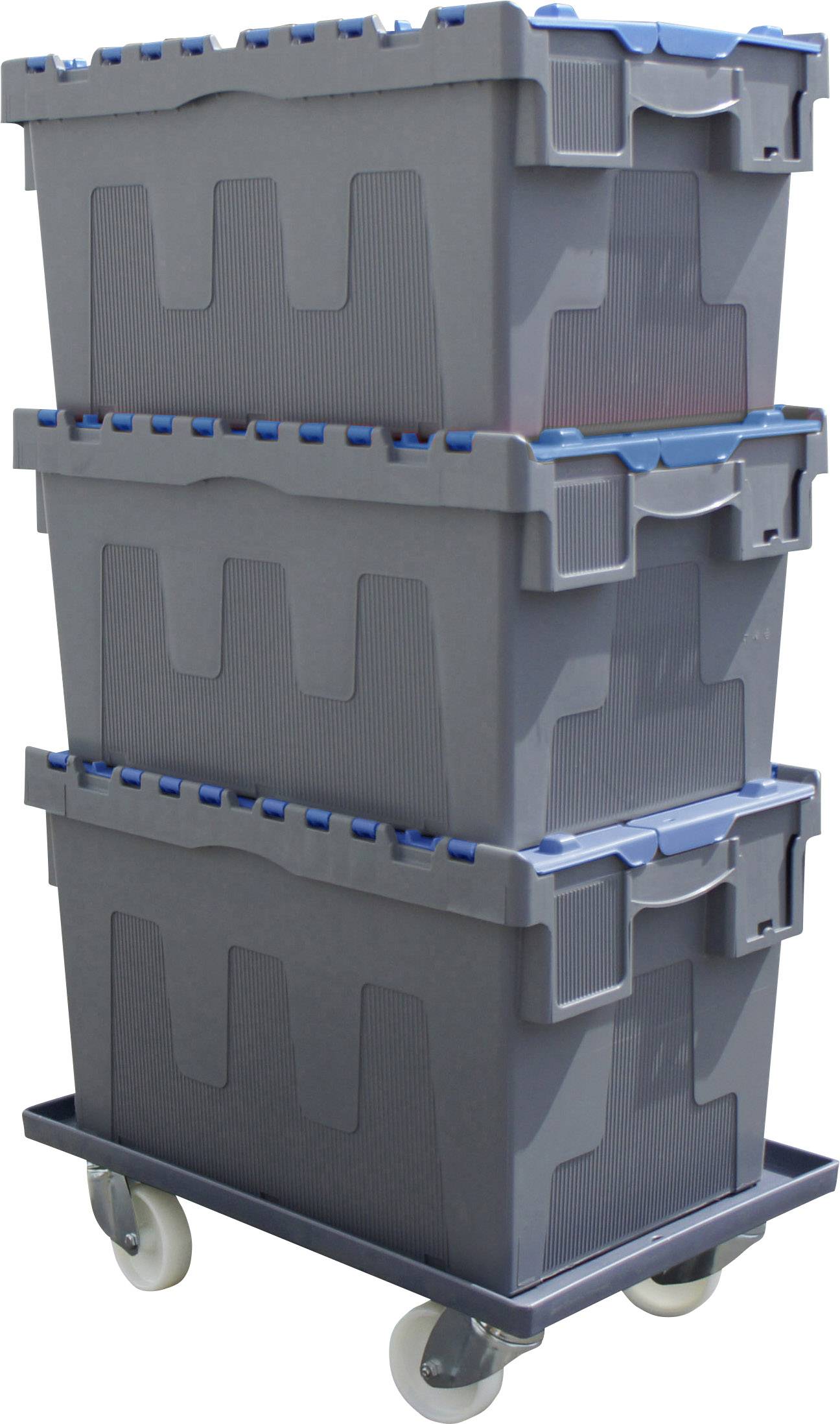 Trois boîtes de rangement grises empilées les unes sur les autres sur un chariot roulant, adaptées pour le transport ou le stockage.