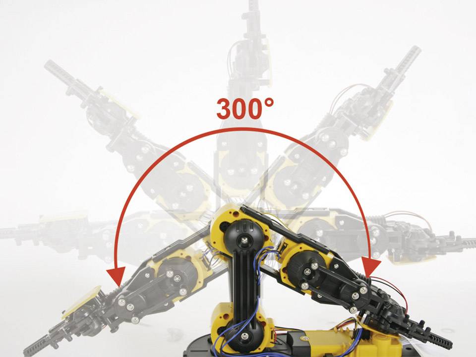 Un bras robotique présente un mouvement de 300 degrés, illustré par une flèche rouge. La caractéristique principale est sa capacité de rotation.