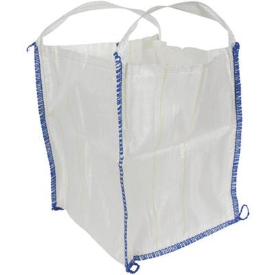 'Sac en plastique blanc, robuste, avec des coutures bleues et des poignées pour transporter ou stocker de grandes quantités.'