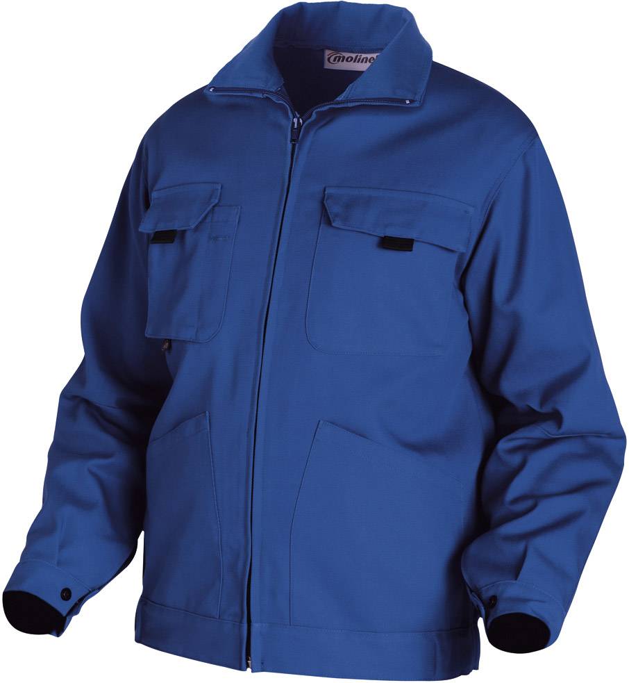 Une veste de travail bleue à manches longues et dotée de plusieurs poches, adaptée aux activités professionnelles, est présentée.