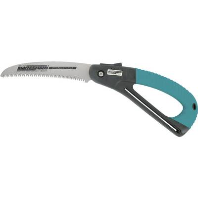 Scie pliante avec poignée bleue et lame argentée, marquée 'Mannesmann Professional'. Idéale pour les travaux de jardin.
