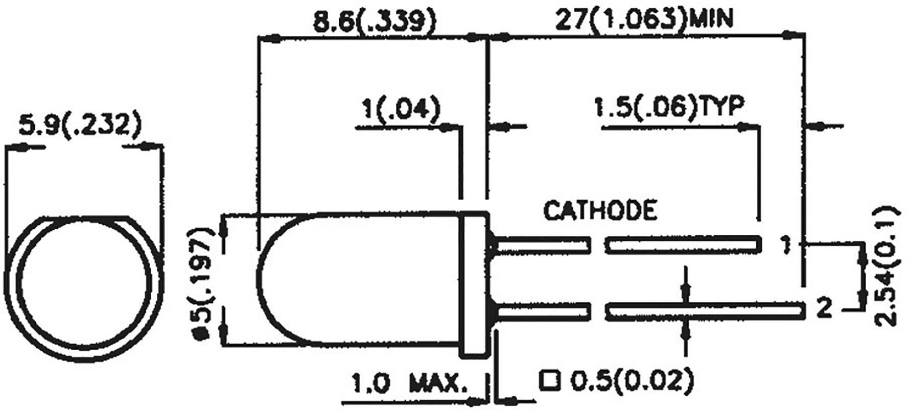 Dessin technique d'un composant électronique avec dimensions en millimètres. Présente une coupe transversale, différentes vues et désignations des broches.