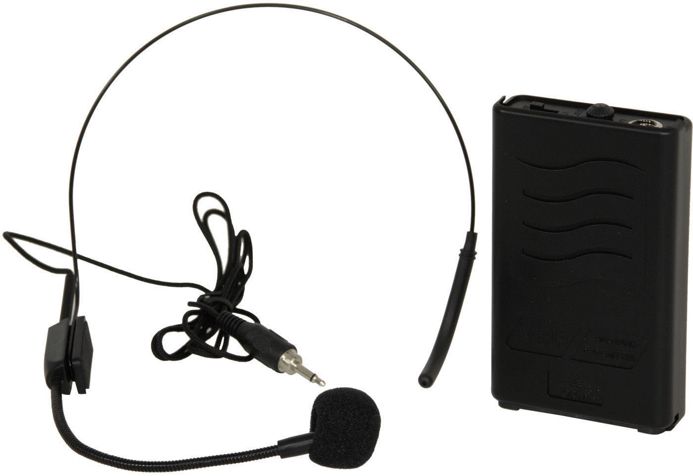 Micro-casque avec câble amovible et émetteur portable, adapté pour la transmission vocale lors de présentations ou de spectacles.