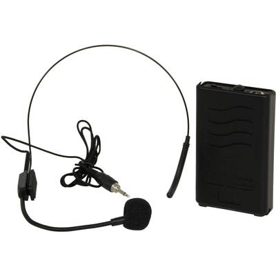 Micro-casque avec câble amovible et émetteur portable, adapté pour la transmission vocale lors de présentations ou de spectacles.