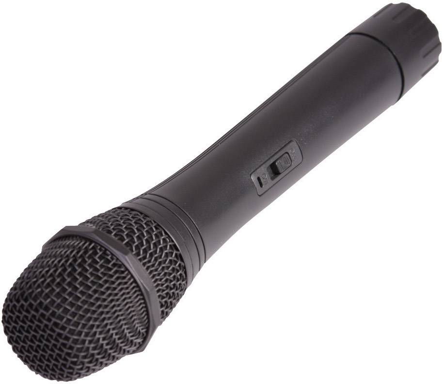 Un microphone noir avec un interrupteur, utilisé pour des enregistrements vocaux ou de chant.