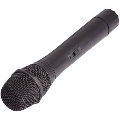 Un microphone noir avec un interrupteur, utilisé pour des enregistrements vocaux ou de chant.